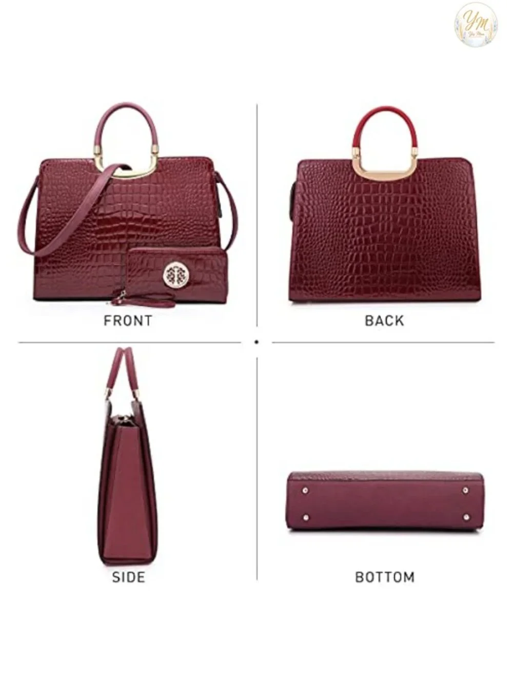 Vegan PU Croco Textured Satchel Purse with Matching Wallet Work Bag Shoulder